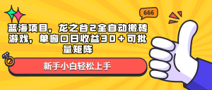 蓝海项目，龙之谷2全自动搬砖游戏，单窗口日收益30＋可批量矩阵-氚客吧