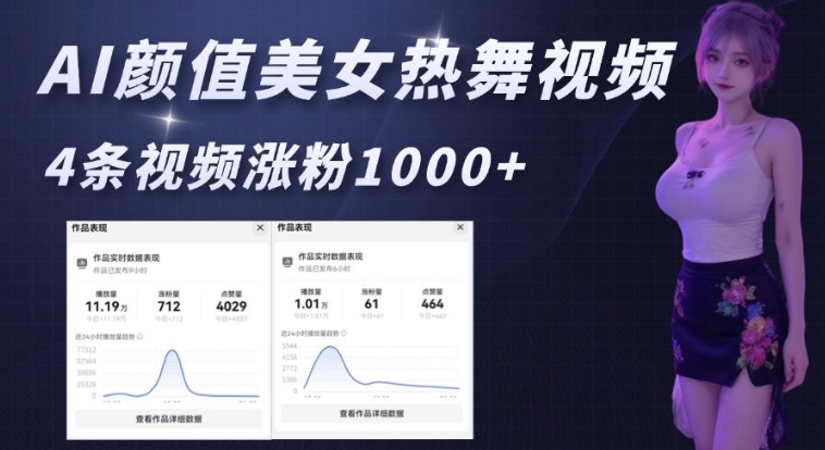 AI颜值美女热舞视频，4条视频涨粉1000+，实测6分钟一条-氚客吧