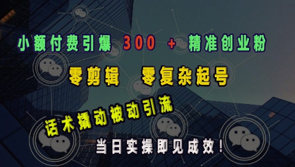 小额付费引爆 300 + 精准创业粉，零剪辑、零复杂起号，话术撬动被动引流，当日实操即见成效-氚客吧