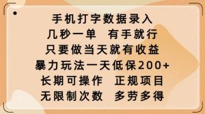 手机打字数据录入，几秒一单，有手就行，只要做当天就有收益，暴力玩法一天低保2张-氚客吧