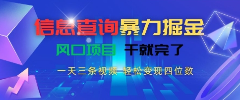 信息查询暴力掘金，一天三条视频，轻松变现四位数，风口项目干就完了【揭秘】-氚客吧