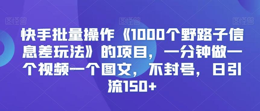 快手批量操作《1000个野路子信息差玩法》的项目，一分钟做一个视频一个图文，不封号，日引流150+【揭秘】-氚客吧