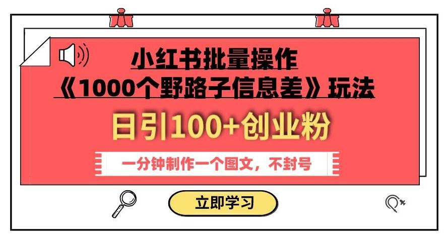 小红书批量操作《1000个野路子信息差》玩法，一分钟制作一个图文，不封号，日引100+创业粉-氚客吧
