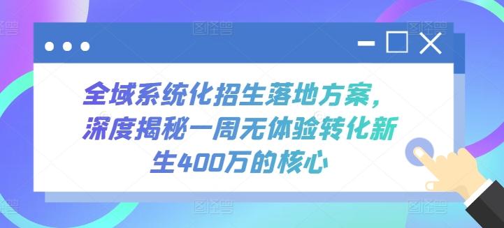 全域系统化招生落地方案，深度揭秘一周无体验转化新生400万的核心-氚客吧
