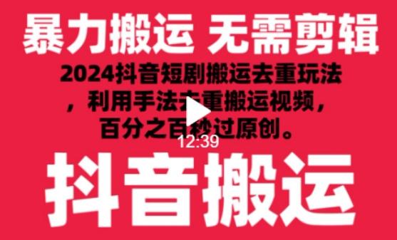 2024最新抖音搬运技术，抖音短剧视频去重，手法搬运，利用工具去重，达到秒过原创的效果【揭秘】-氚客吧