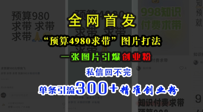 小红书“预算4980带我飞”图片打法，一张图片引爆创业粉，私信回不完，单条引流300+精准创业粉-氚客吧