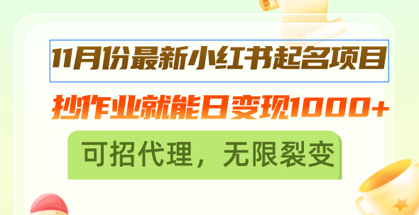 11月份最新小红书起名项目，抄作业就能日变现1000+，可招代理，无限裂变-氚客吧