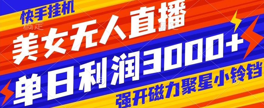 快手挂机，美女无人直播，强开磁力聚星小铃铛，日入3000+-氚客吧