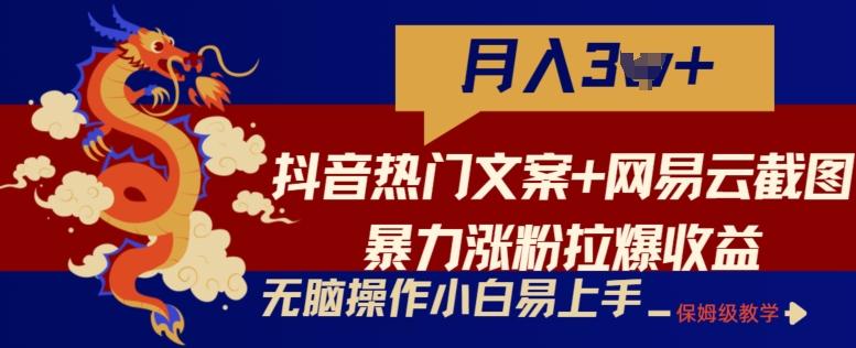 抖音热门文案+网易云截图暴力涨粉拉爆收益玩法，小白无脑操作，简单易上手【揭秘】-氚客吧
